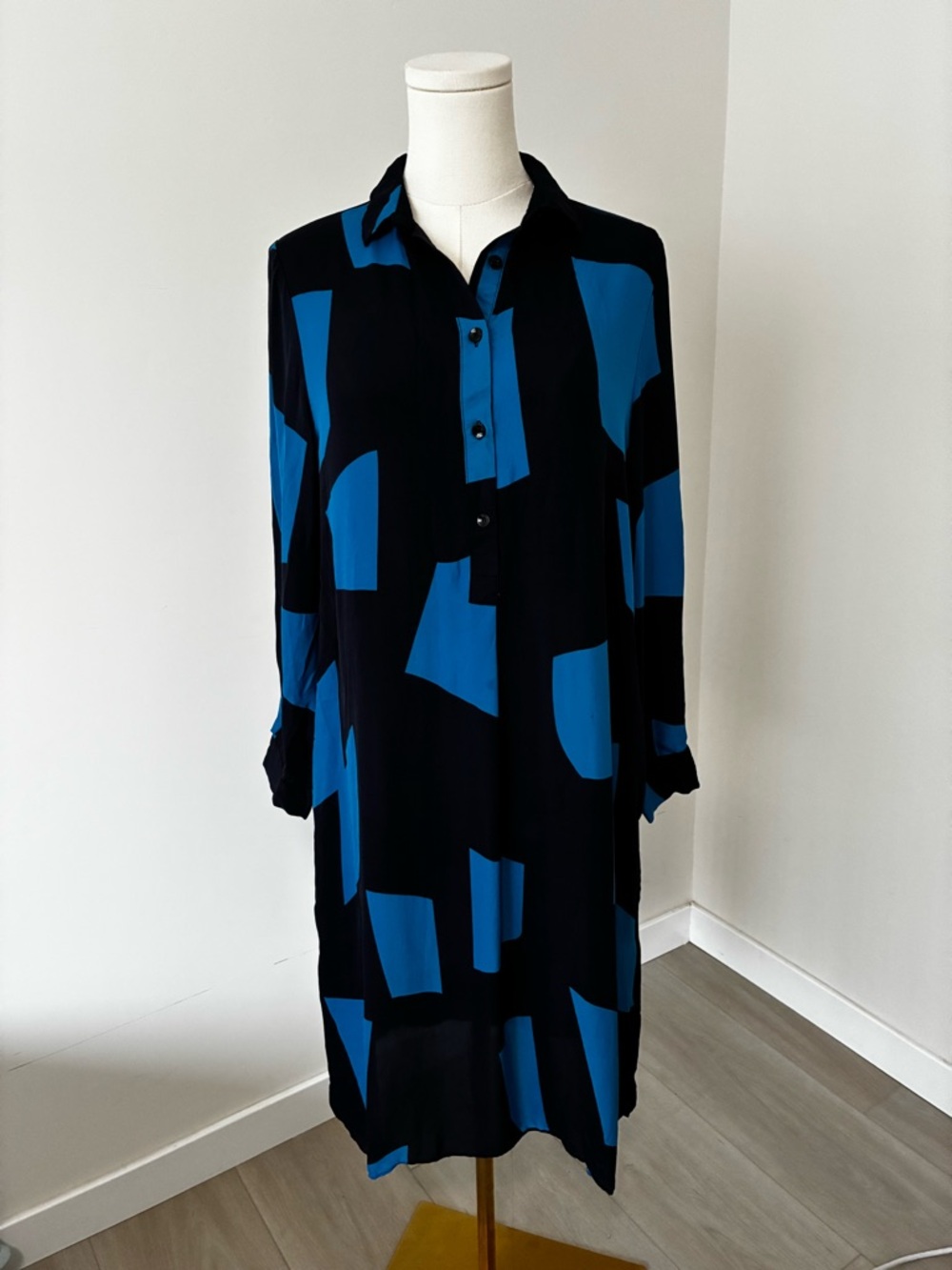 Blue and Black Geometric Silk Long Sleeve Modern Artsy Dress